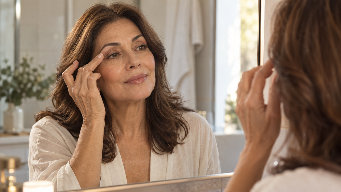 Mujer de más de 50 años revisando sus pestañas frente al espejo